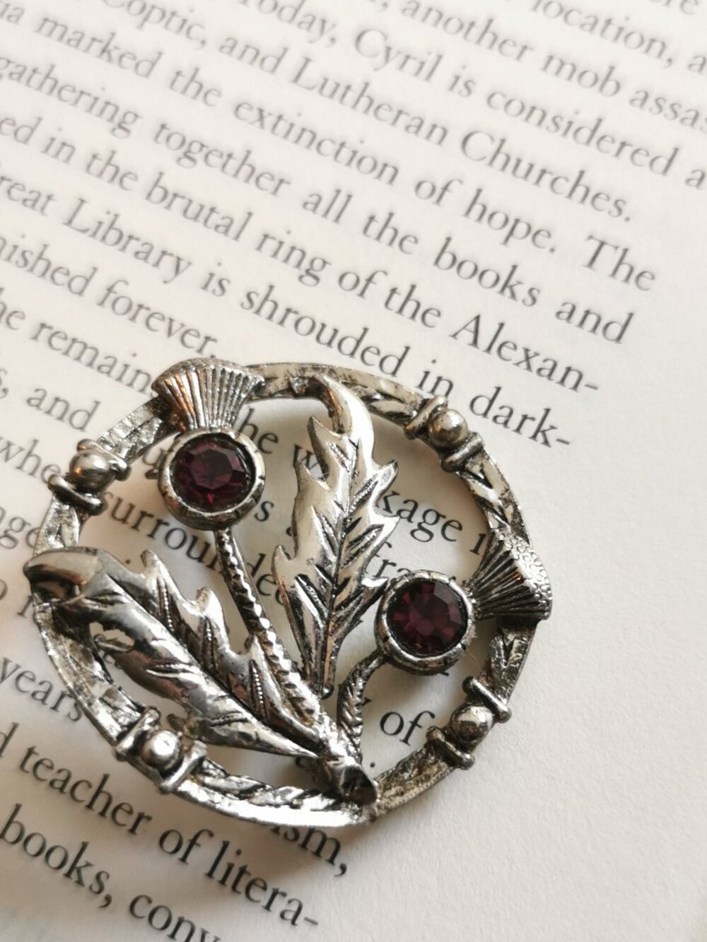 Vintage Scottish Double Thistle Pin Circle Brooch Celtic Thistle Purple Stone